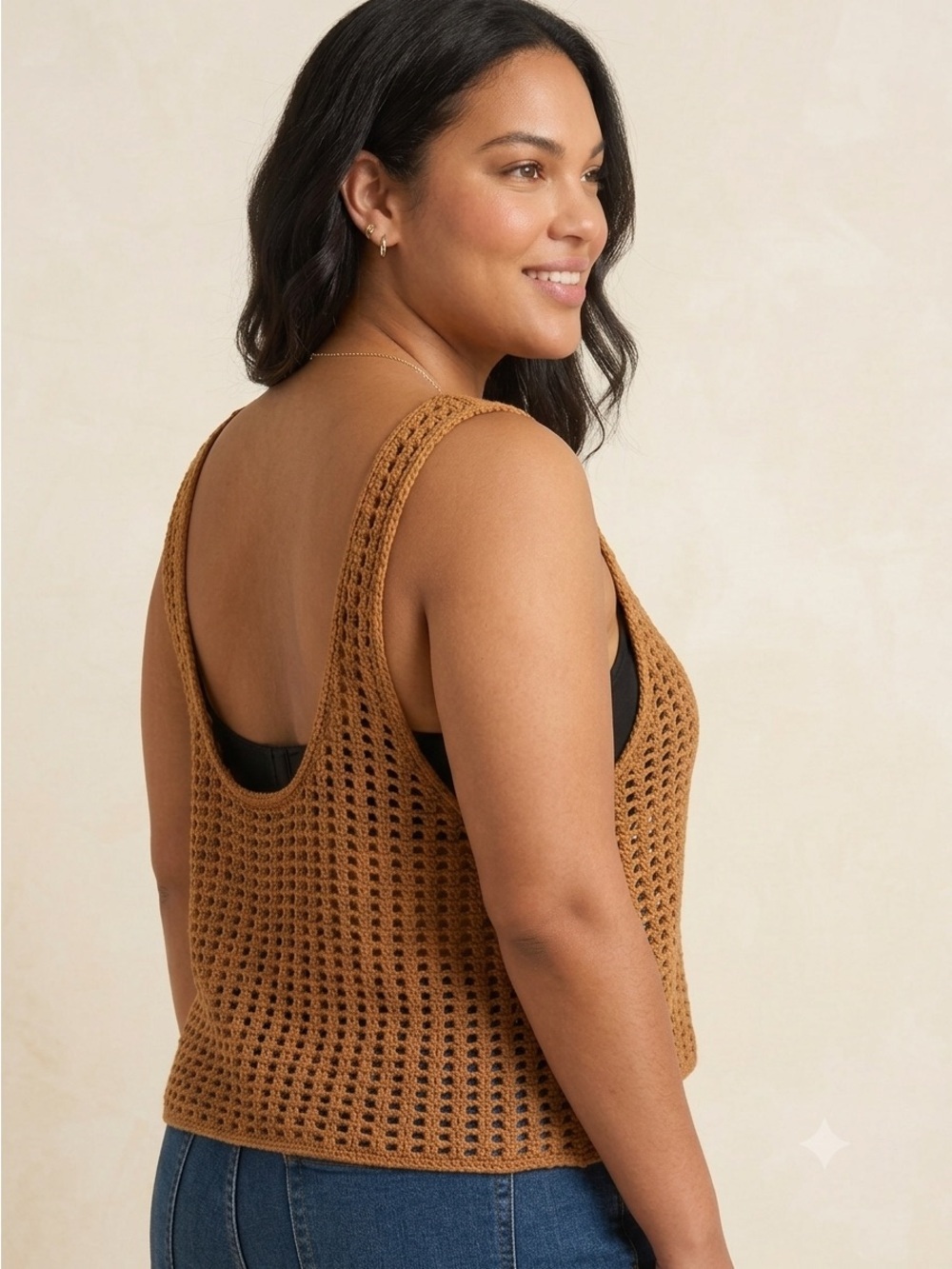 Wild Fable Open Knit Crochet Tank Top XL Cognac Brown Cropped Swing Tank